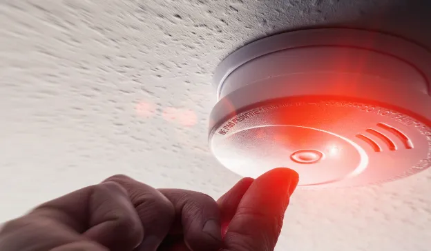  Finger pressing the test button on a smoke detector with red light flashing—part of inspecting RV safety equipment.