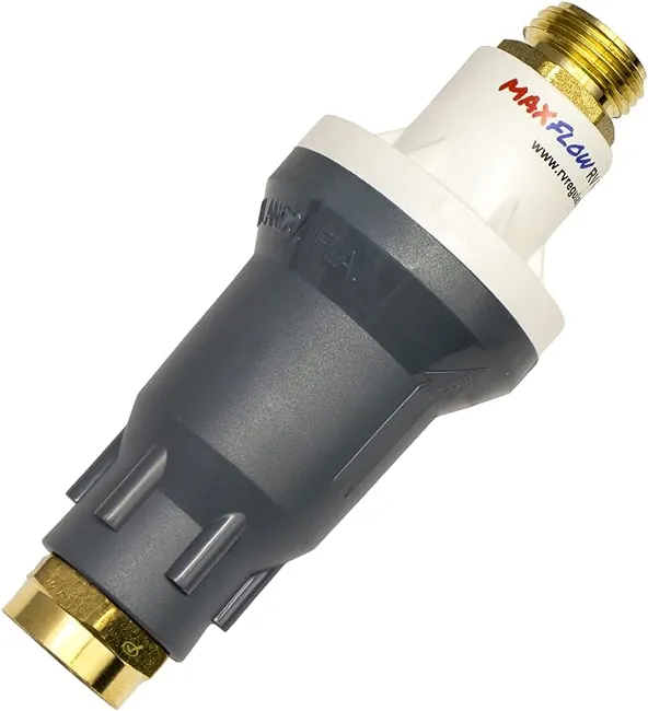 RV water pressure regulator—used to protect plumbing systems when connecting to campground water supplies.

