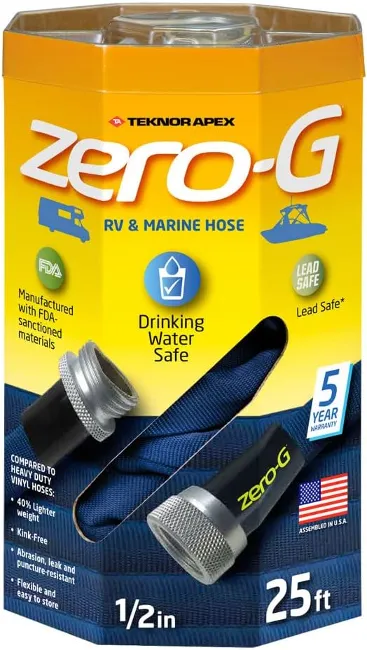 Teknor Apex Zero-G lightweight RV drinking water hose—highly flexible and easy to store.


