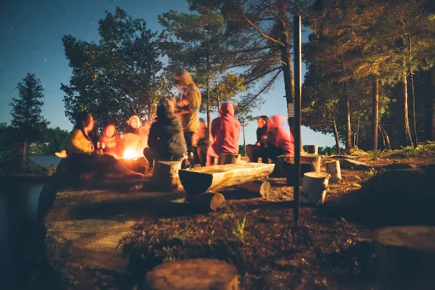 People gathered around a glowing campfire at night—an iconic part of RV community life.

