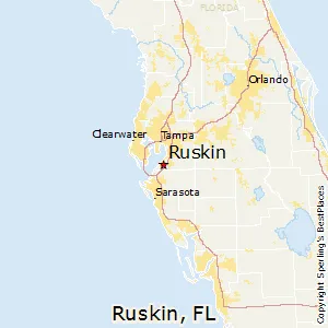 Map of Florida with a star marking the location of Ruskin, a prime spot for RV parks.

