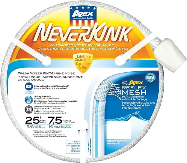Teknor Apex NeverKink RV water hose—designed to resist kinks and maintain water flow in tight spaces.

