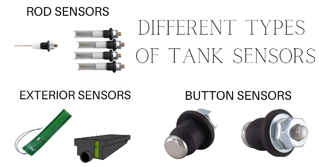 Comparison of RV tank sensor types—rod sensors, exterior-mounted sensors, and push-button sensors.