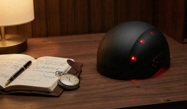 black red light therapy helmet on a dark walnut desk next to a stopwatch and tracking journal, symbolizing a consistent hair 