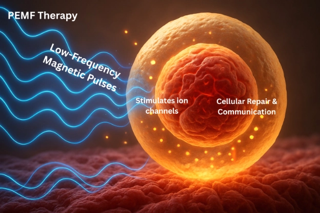 Illustration of PEMF therapy showing low-frequency magnetic pulses stimulating cellular repair and communication