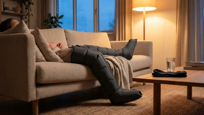 Compression boots for edema in a cozy living room, person relaxing with swollen legs elevated during a recovery session.
