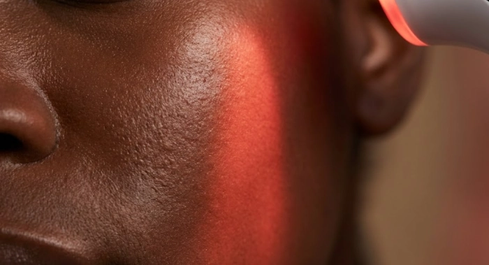 Red light therapy for black skin cover photo of a Black woman sitting next to a red LED panel with soft red glow across her f