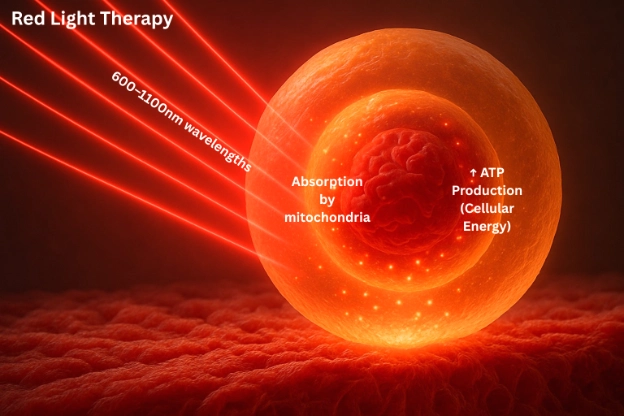 Illustration of red light therapy showing wavelengths absorbed by mitochondria to boost cellular energy (ATP)