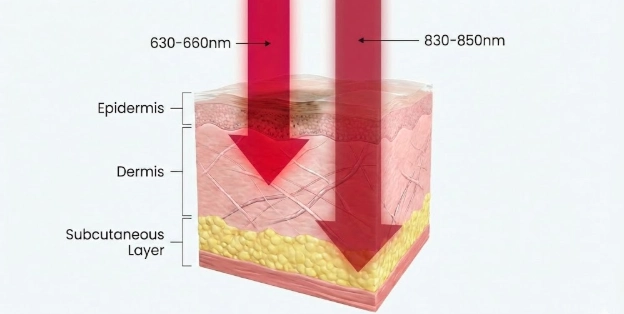 Red light therapy for black skin diagram showing 630–660nm and 830–850nm depth through epidermis, dermis, and subcutaneous la
