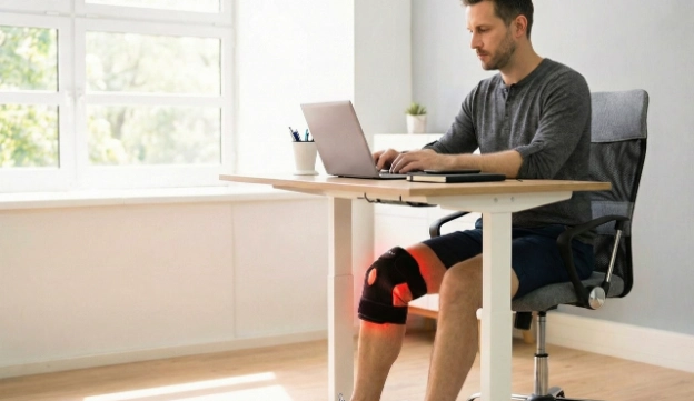 Man working at standing desk wearing red light therapy knee wrap for active recovery while working from home.