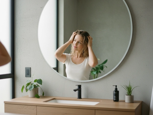 woman looking in the mirror and feeling happy that her hair is growing back