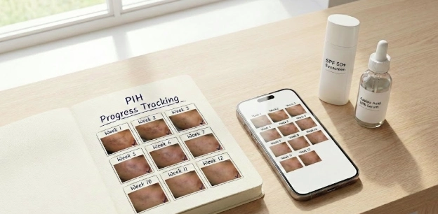 PIH progress tracking journal and smartphone photo grid next to SPF 50 sunscreen and azelaic acid serum on a bright desk.