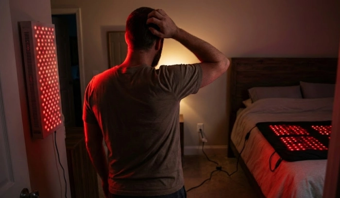 red light therapy blanket vs panel comparison in a bedroom with both devices