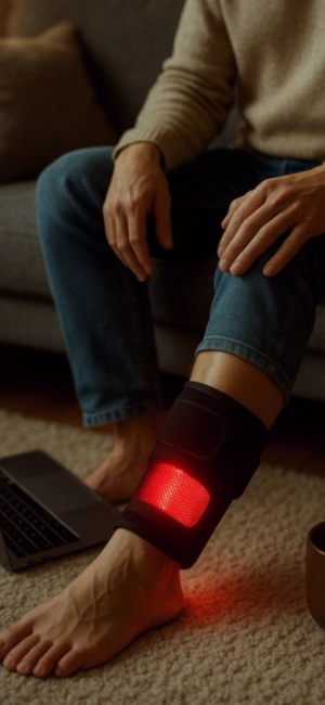 Man using red light therapy device on ankle while sitting at home with laptop and coffee.