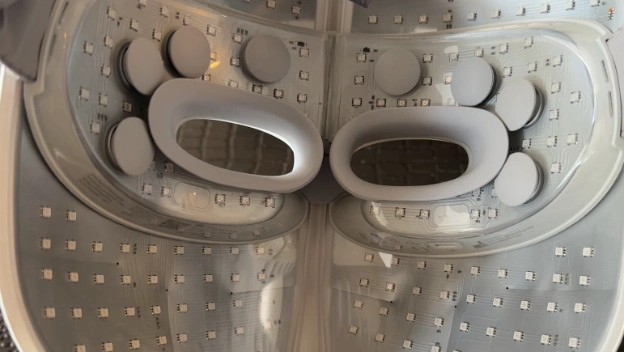 Wide angle view of the mask interior showing the grey silicone eye cups and vibration motors.