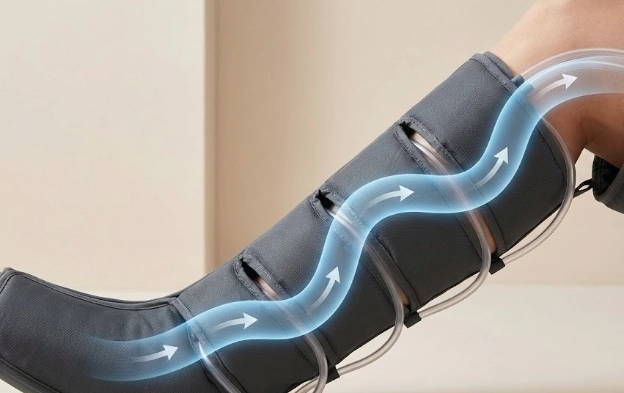 Compression boots for edema showing sequential compression wave moving fluid from ankle to calf.