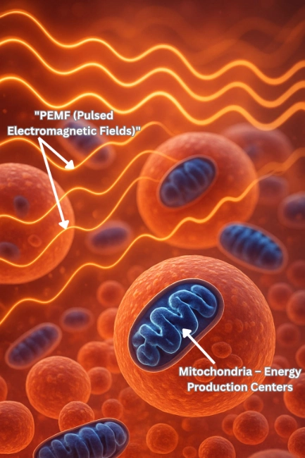 Scientific illustration showing electromagnetic waves interacting with human cells and mitochondria