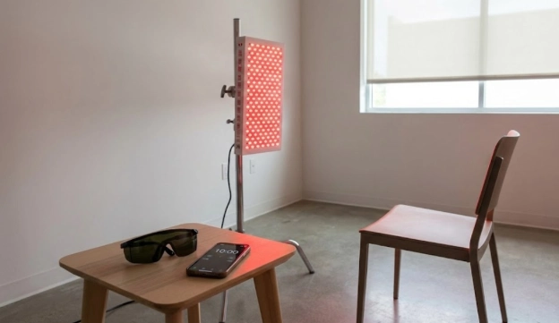 red light therapy blanket vs panel setup with goggles stand and timer