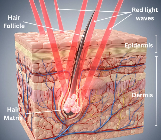 3D anatomical illustration showing red light waves penetrating scalp layers and stimulating hair follicles at the cellular le