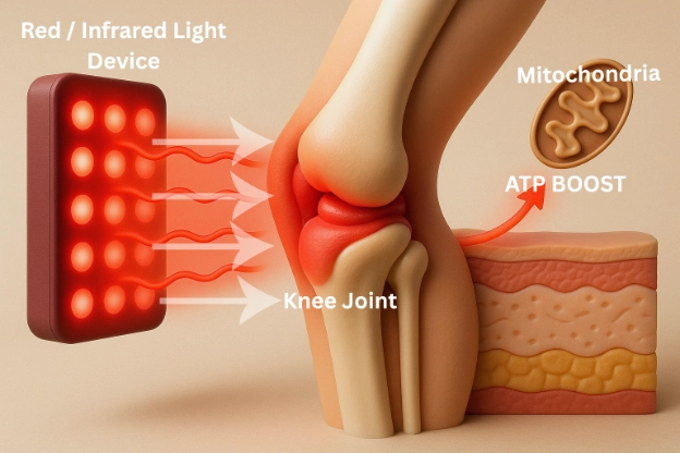 Diagram of red light therapy penetrating a knee joint to stimulate mitochondria and reduce inflammation