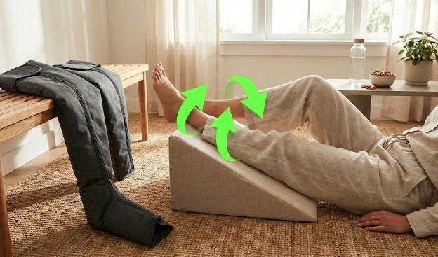 Compression boots for edema routine with leg elevation and gentle ankle movement to reduce swelling.