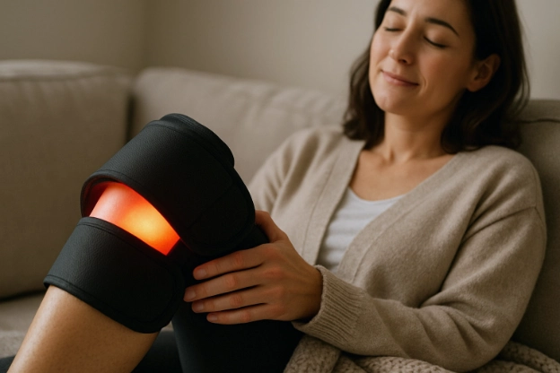 Woman using red light therapy wrap on her knee at home for pain relief and recovery