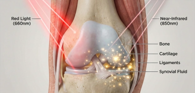 Medical diagram showing the difference between Red Light (660nm) and Near-Infrared (850nm) penetration depth in knee cartilag