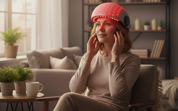 Woman using red light therapy helmet to help with hair loss