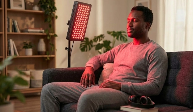 Black man relaxing on a sofa using a red light therapy panel at a comfortable distance in a warm living room setting.