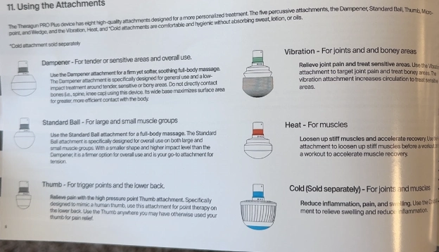 Overview chart of all Theragun PRO Plus attachments including heat, vibration, and cold.