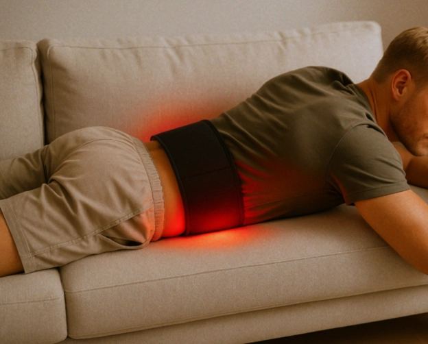 Man lying on sofa using a red light therapy belt on lower back for pain relief 