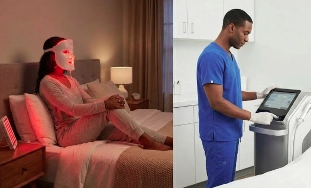 Red light therapy for black skin comparison image showing at home LED mask session on one side and professional radiofrequenc