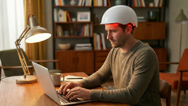 Man working on a laptop at a home desk while wearing a white red light therapy laser cap for hair growth.