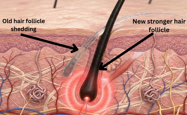 a Cross-section diagram of a hair follicle showing a new strong hair shaft pushing out an old weak telogen hair during the sh