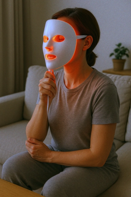 Woman at home using a handheld LED light therapy mask for skin tightening treatment.