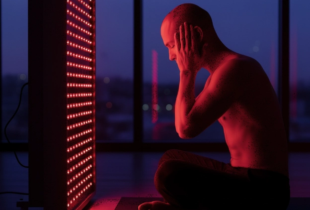 bald man sitting next to red light panel for hair restoration