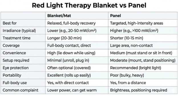 infographic table with a comparison between Red Light Therapy Blanket vs Panel