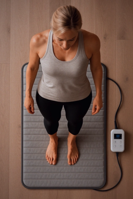 woman standing on pemf mat and experiencing recovery benefits