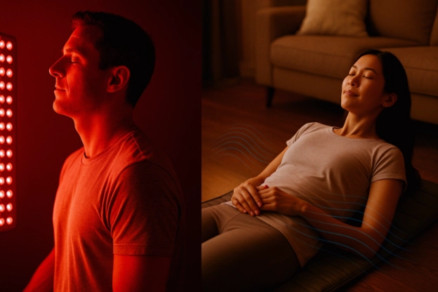 Man using red light therapy panel and woman relaxing on a PEMF mat in a living room setting.