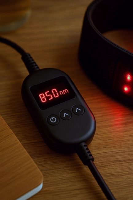 Close-up of red light therapy device showing 850nm wavelength for targeted ankle treatment.