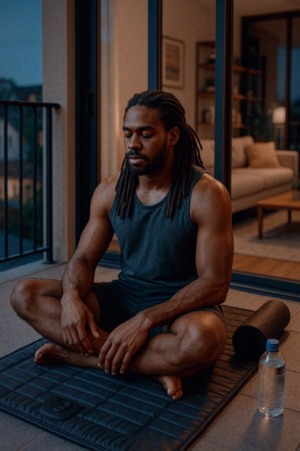 Man sitting cross-legged on a PEMF mat during a quiet evening recovery session