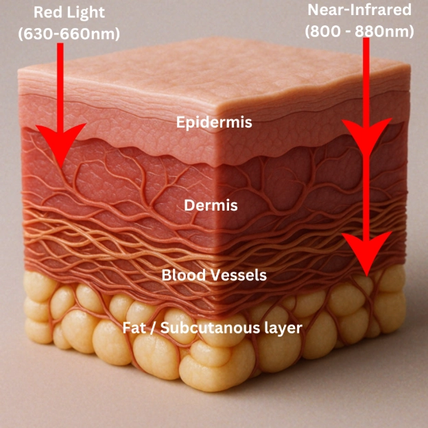 3D skin cross-section showing layers of dermis and collagen targeted by red light therapy