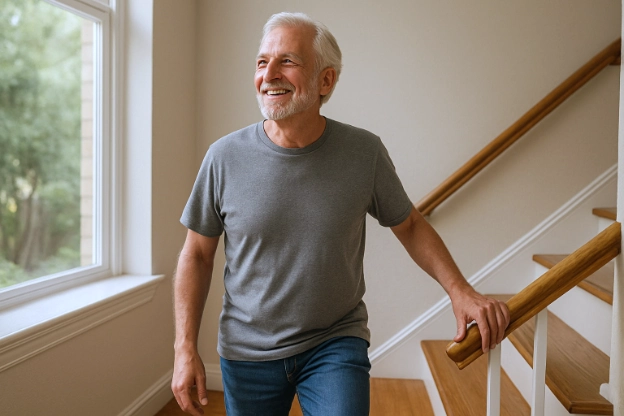 Older man smiling while walking upstairs after joint pain relief with red light therapy