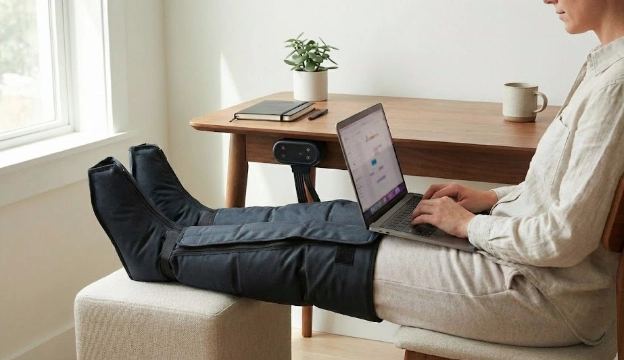 Compression boots for edema used in a home office routine to reduce leg swelling after sitting.