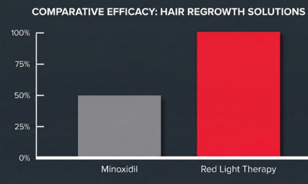 Bar chart comparing hair density results, showing red light therapy outperforming minoxidil in a comparative study