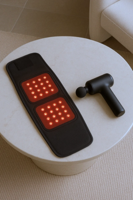 Red light therapy belt and percussion massager resting on modern coffee table
