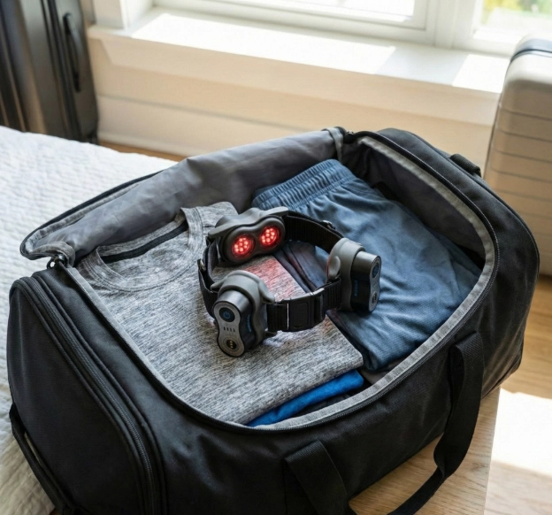 Portable Kineon Move+ red light therapy device packed in a travel bag on top of gym clothes.