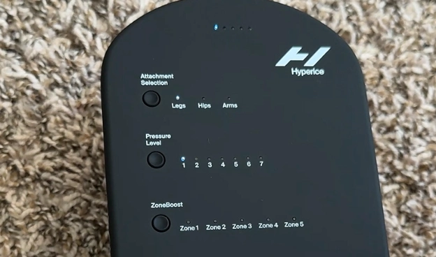 Hyperice NormaTec 3 control unit showing seven pressure levels and ZoneBoost zones
