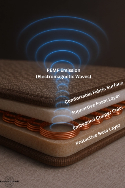 a Cross-sectional view of a PEMF mat emitting electromagnetic waves from internal copper coils, illustrating pulsed electroma