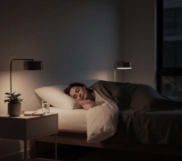 Woman sleeping peacefully under a blanket in a dim bedroom, illustrating the calming and sleep-supporting benefits often asso